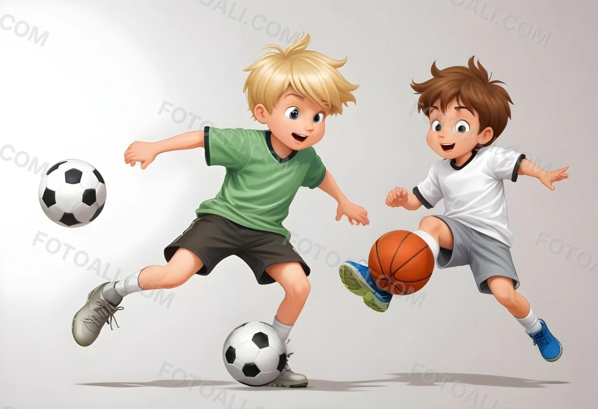 Two Young Cartoon Boys With One Having Brown Hair And The Other With Blonde Hair Playing With A Soccer Ball And Basketball In A Plain White Background 43 4420