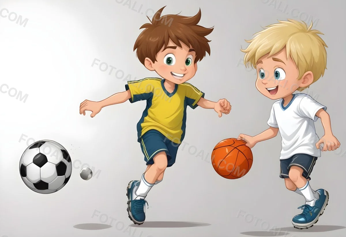 Two Young Cartoon Boys With One Having Brown Hair And The Other With Blonde Hair Playing With A Soccer Ball And Basketball In A Plain White Background 44 8482