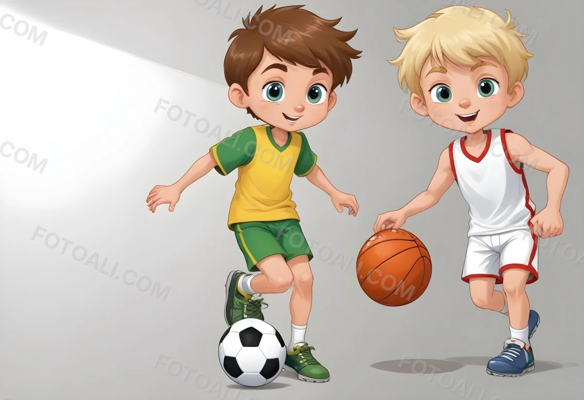 Two Young Cartoon Boys With One Having Brown Hair And The Other With Blonde Hair Playing With A Soccer Ball And Basketball In A Plain White Background 46 85bc