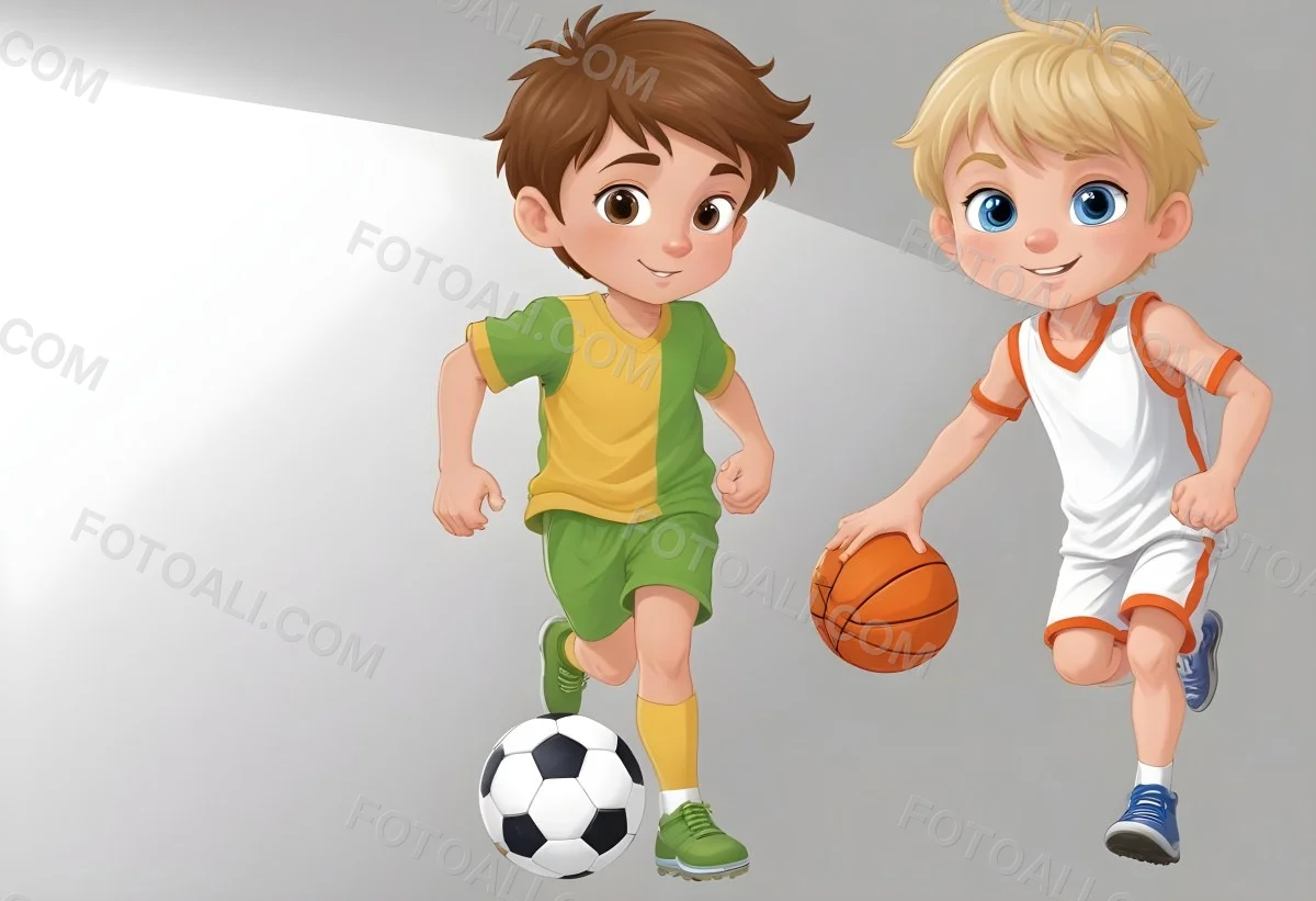 Two Young Cartoon Boys With One Having Brown Hair And The Other With Blonde Hair Playing With A Soccer Ball And Basketball In A Plain White Background 48 B2dd