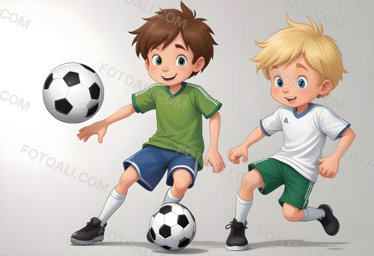 Two Young Cartoon Boys With One Having Brown Hair And The Other With Blonde Hair Playing With A Soccer Ball And Basketball In A Plain White Background 49 65ce