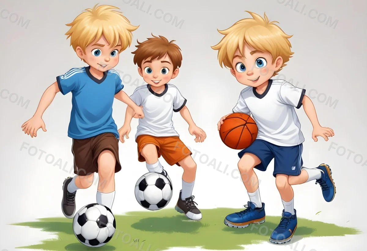 Two Young Cartoon Boys With One Having Brown Hair And The Other With Blonde Hair Playing With A Soccer Ball And Basketball In A Plain White Background 5 A49d