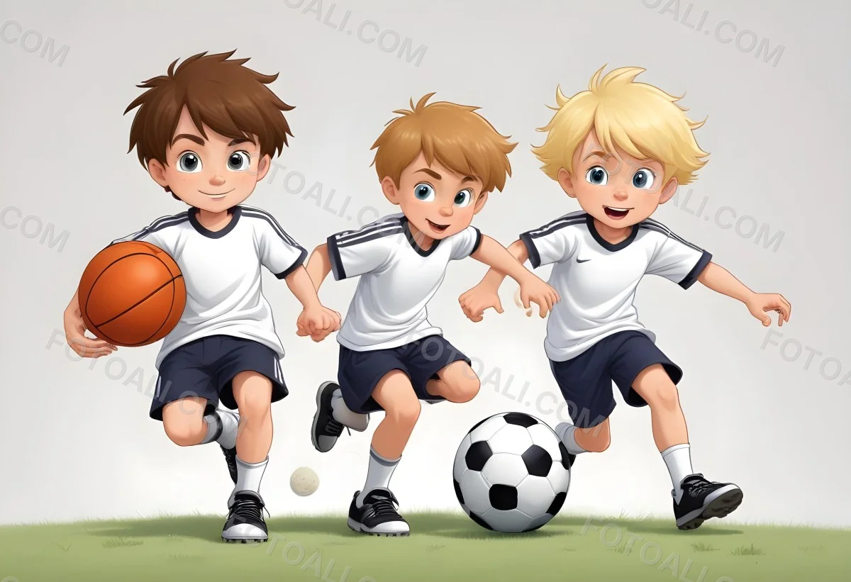 Two Young Cartoon Boys With One Having Brown Hair And The Other With Blonde Hair Playing With A Soccer Ball And Basketball In A Plain White Background 50 6d48