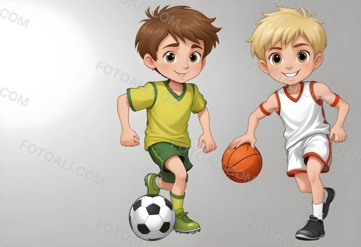Two Young Cartoon Boys With One Having Brown Hair And The Other With Blonde Hair Playing With A Soccer Ball And Basketball In A Plain White Background 51 Ff84