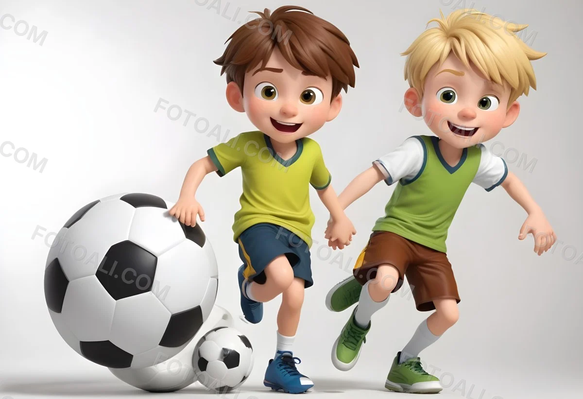 Two Young Cartoon Boys With One Having Brown Hair And The Other With Blonde Hair Playing With A Soccer Ball And Basketball In A Plain White Background 52 B80d