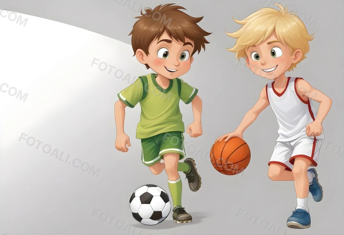Two Young Cartoon Boys With One Having Brown Hair And The Other With Blonde Hair Playing With A Soccer Ball And Basketball In A Plain White Background 53 B2d0