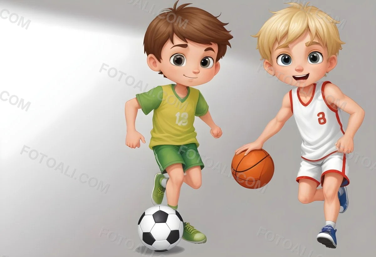 Two Young Cartoon Boys With One Having Brown Hair And The Other With Blonde Hair Playing With A Soccer Ball And Basketball In A Plain White Background 55 4b04
