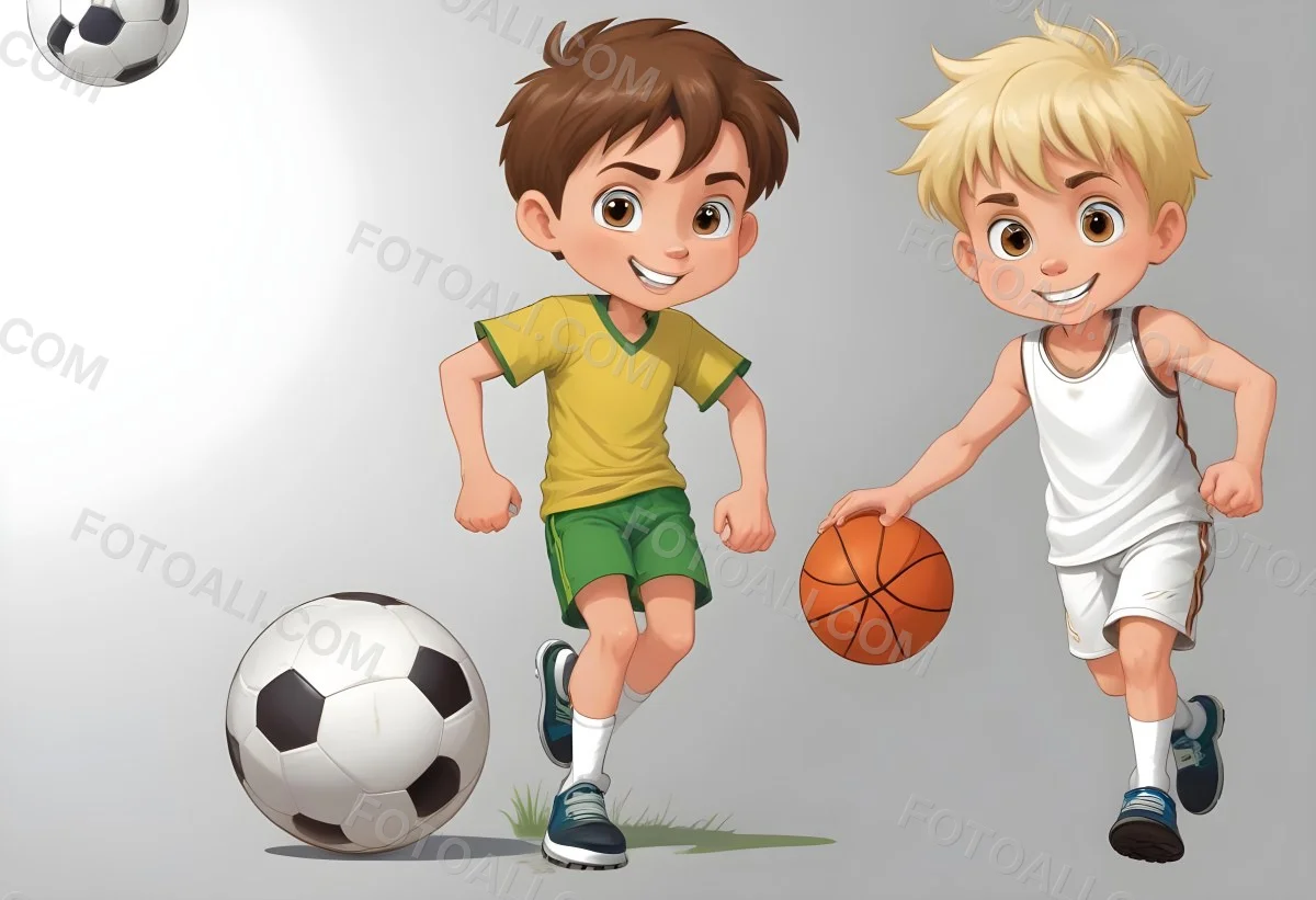Two Young Cartoon Boys With One Having Brown Hair And The Other With Blonde Hair Playing With A Soccer Ball And Basketball In A Plain White Background 56 B7bd