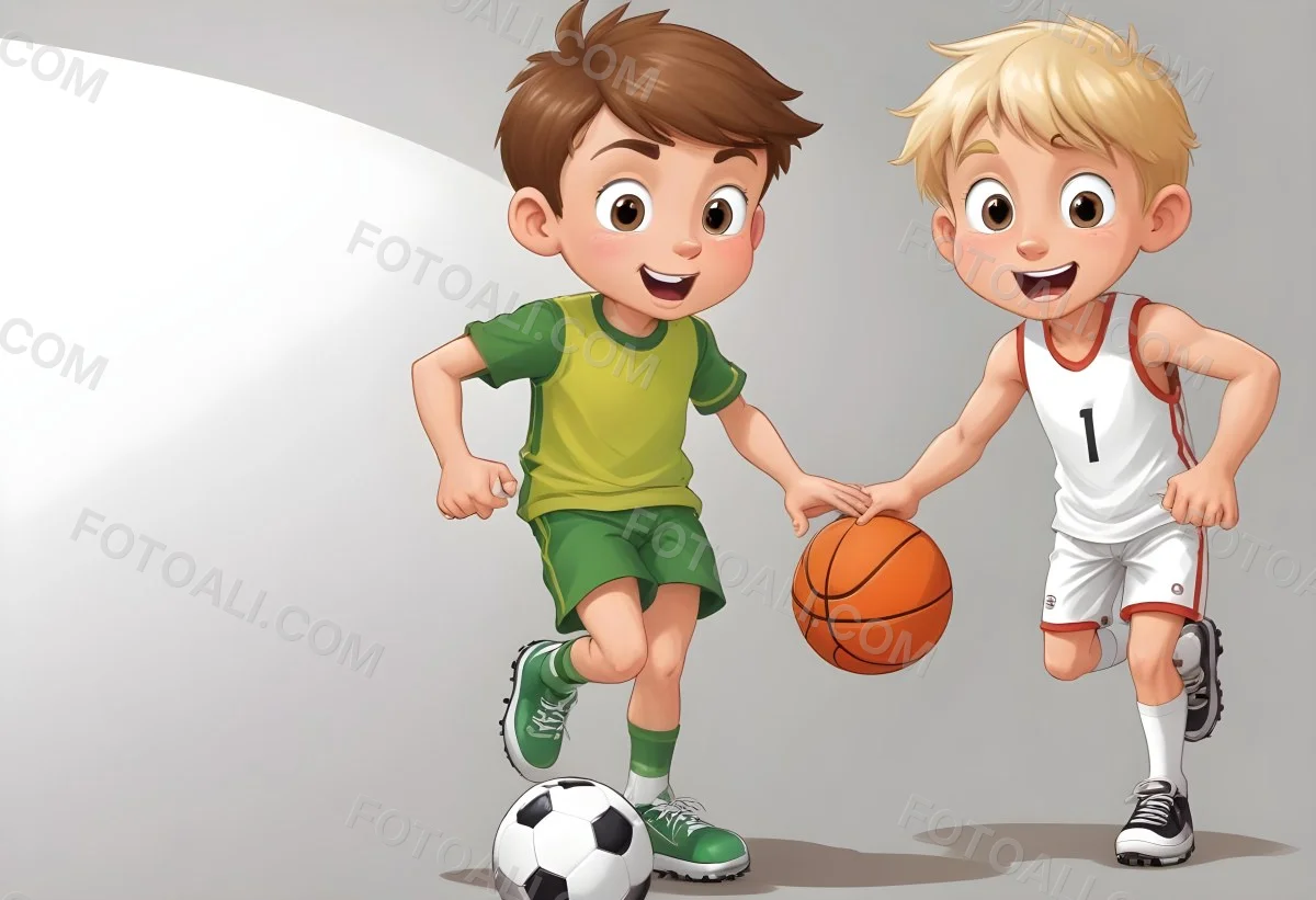 Two Young Cartoon Boys With One Having Brown Hair And The Other With Blonde Hair Playing With A Soccer Ball And Basketball In A Plain White Background 6 F16e