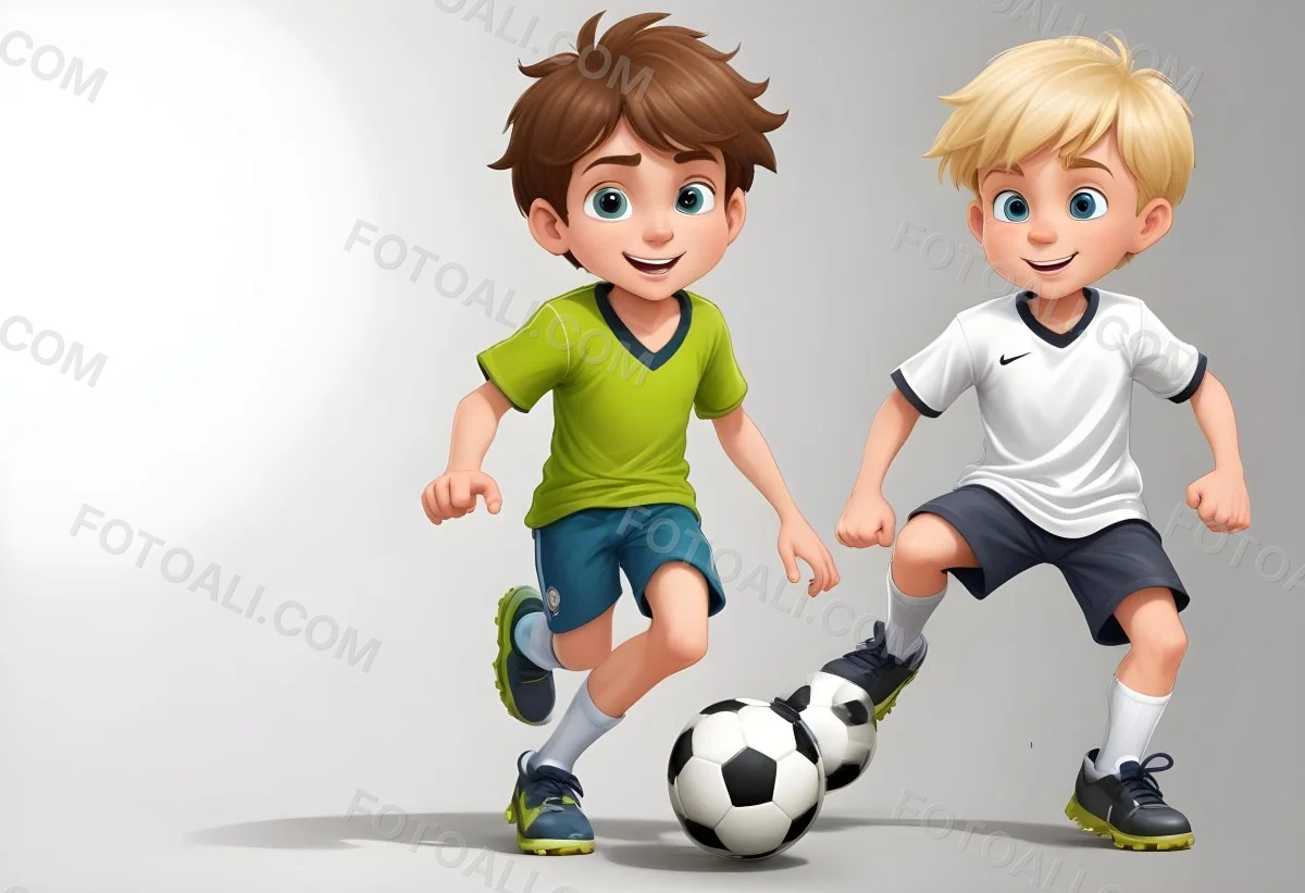 Two Young Cartoon Boys With One Having Brown Hair And The Other With Blonde Hair Playing With A Soccer Ball And Basketball In A Plain White Background 7 4834