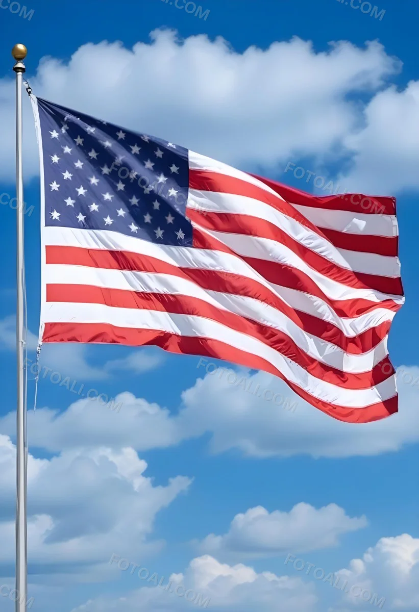 United States Of America Flag Waving In The Wind Blue Sky With Clouds 20 6110