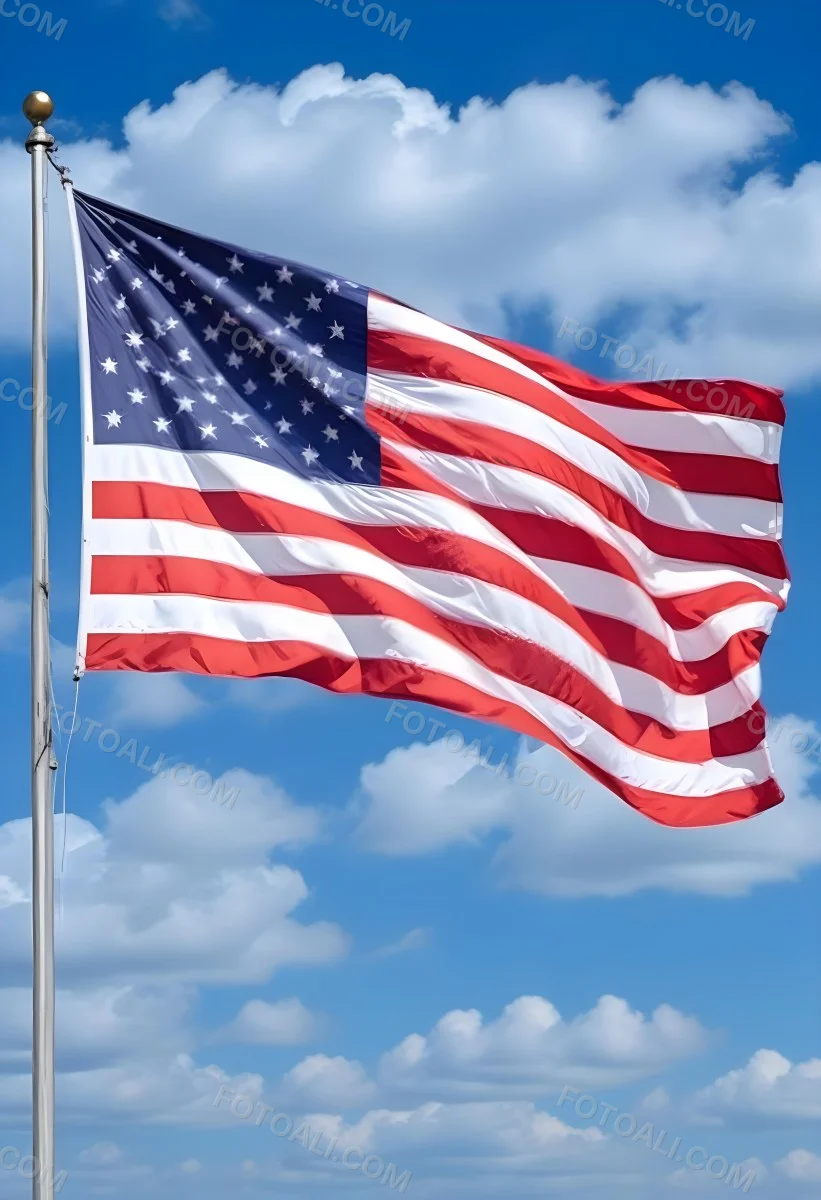 United States Of America Flag Waving In The Wind Blue Sky With Clouds 24 2132