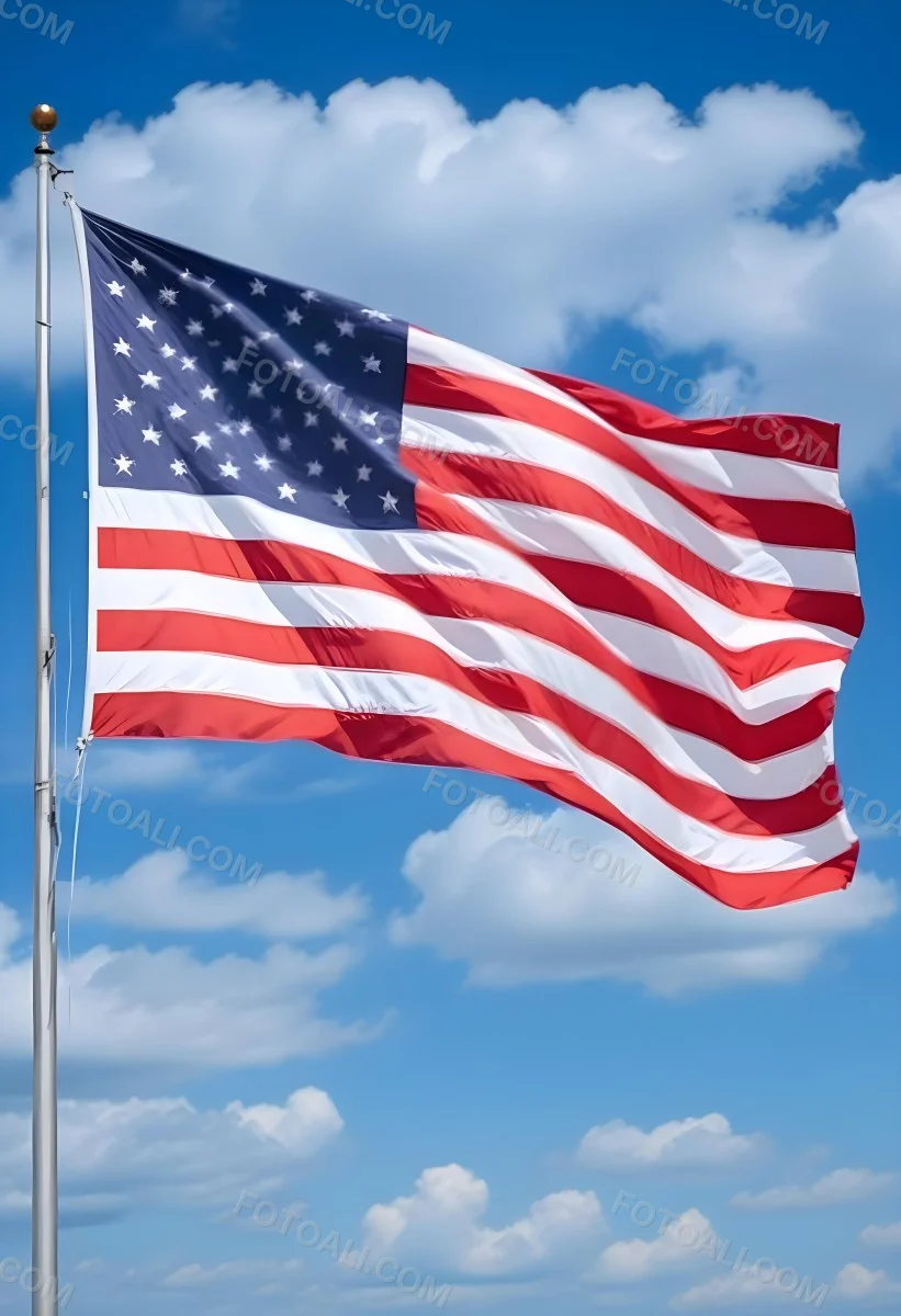 United States Of America Flag Waving In The Wind Blue Sky With Clouds 37 463c