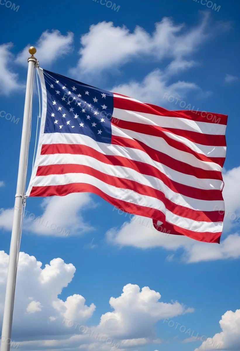 United States Of America Flag Waving In The Wind Blue Sky With Clouds 6 9110