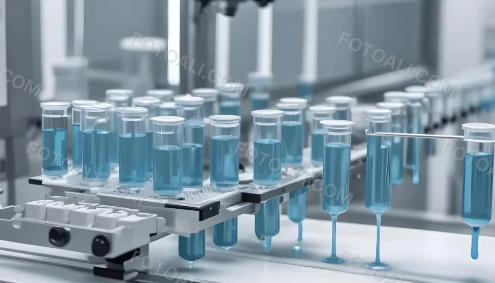 Vaccine Vials On A Conveyor Belt Being Filled With A Blue Liquid The Background Is A Sterile Laboratory Environment 1 F5cf