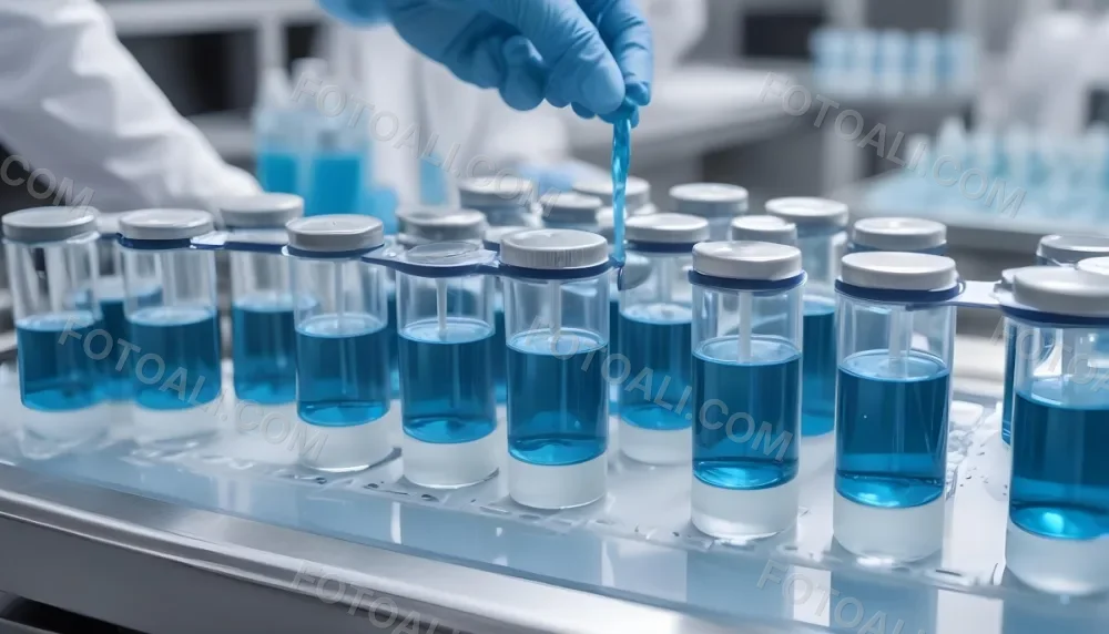Vaccine Vials On A Conveyor Belt Being Filled With A Blue Liquid The Background Is A Sterile Laboratory Environment 11 E33a