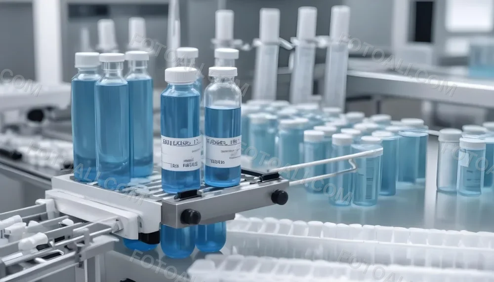 Vaccine Vials On A Conveyor Belt Being Filled With A Blue Liquid The Background Is A Sterile Laboratory Environment 13 359a