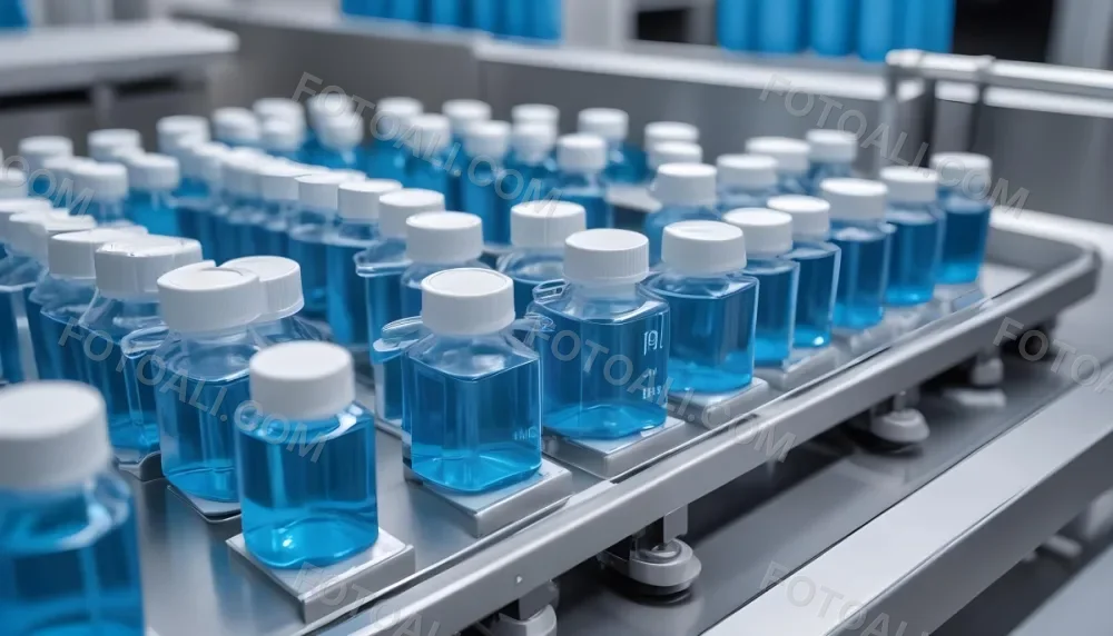 Vaccine Vials On A Conveyor Belt Being Filled With A Blue Liquid The Background Is A Sterile Laboratory Environment 15 487d