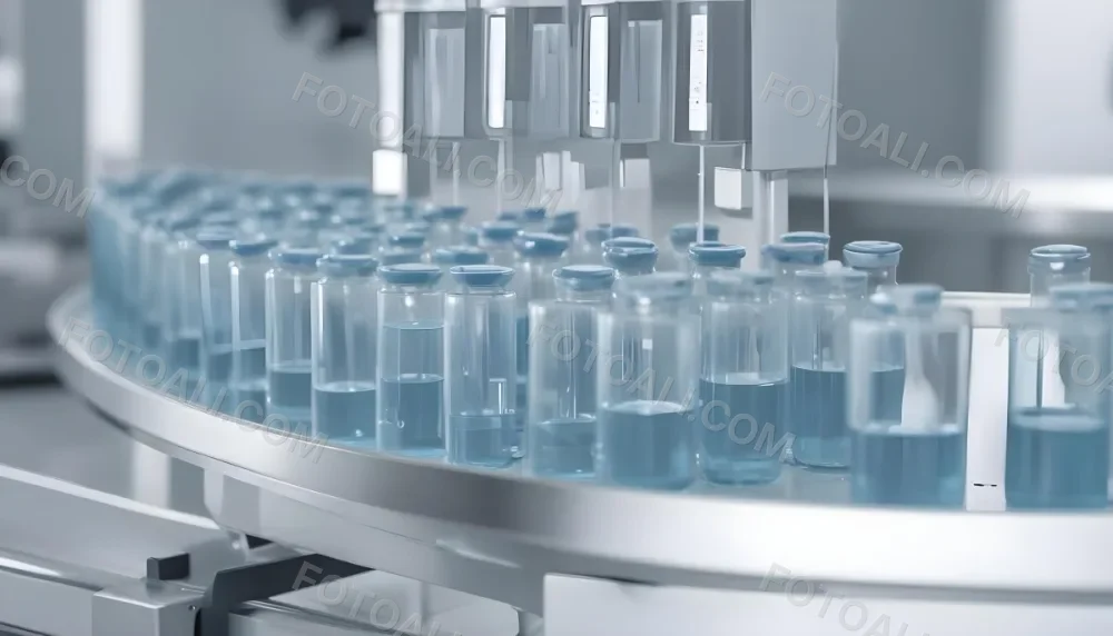 Vaccine Vials On A Conveyor Belt Being Filled With A Blue Liquid The Background Is A Sterile Laboratory Environment 2 Cfe9
