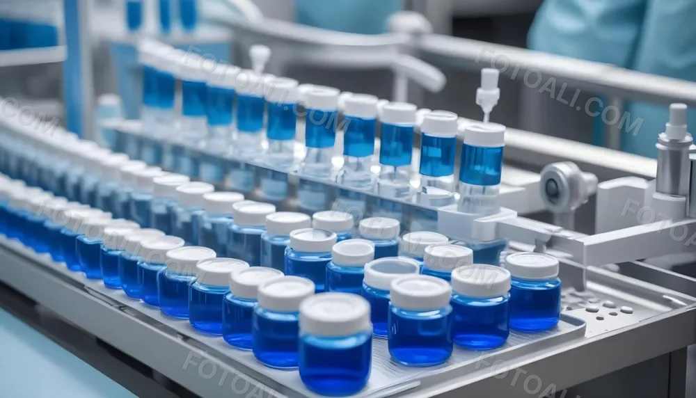 Vaccine Vials On A Conveyor Belt Being Filled With A Blue Liquid The Background Is A Sterile Laboratory Environment 3 A998