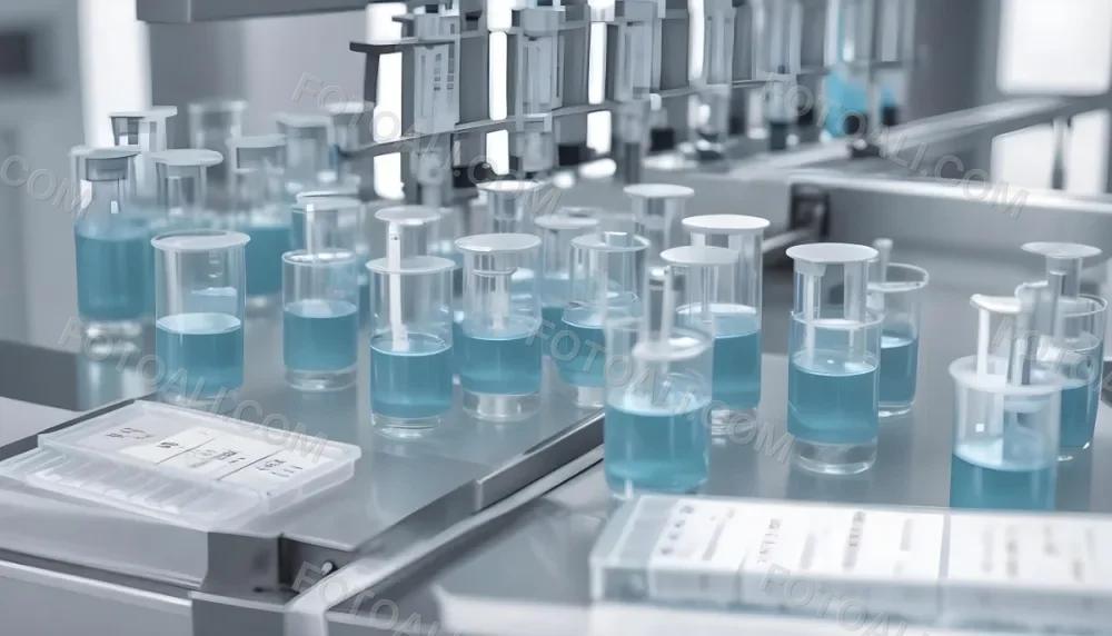 Vaccine Vials On A Conveyor Belt Being Filled With A Blue Liquid The Background Is A Sterile Laboratory Environment 4 F12a