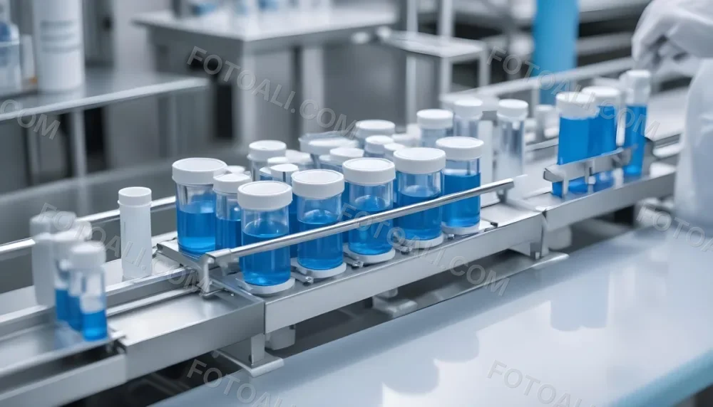 Vaccine Vials On A Conveyor Belt Being Filled With A Blue Liquid The Background Is A Sterile Laboratory Environment 5 1c19
