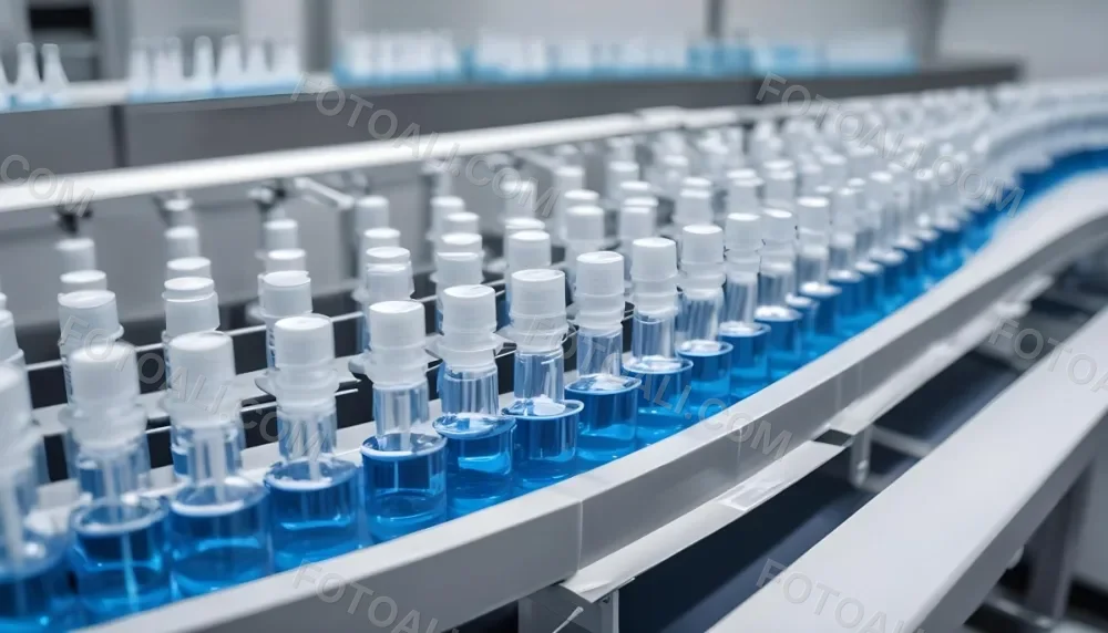 Vaccine Vials On A Conveyor Belt Being Filled With A Blue Liquid The Background Is A Sterile Laboratory Environment 7 A246
