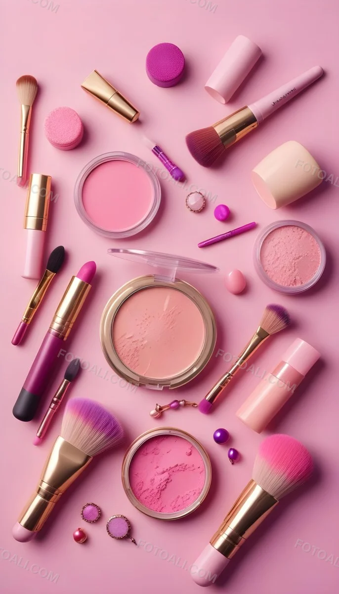 Various Makeup Products In Shades Of Pink Arranged On A Pink Background Including Blush Lip Gloss And Loose Powder Along With Makeup Brushes And Decorative Pink Beads Along With Various Makeup Products In Shades Of P 10 A6c4