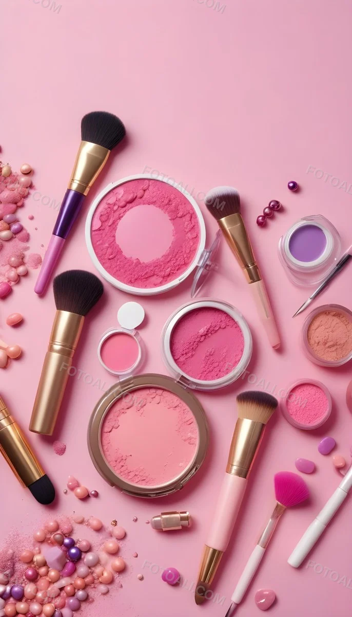 Various Makeup Products In Shades Of Pink Arranged On A Pink Background Including Blush Lip Gloss And Loose Powder Along With Makeup Brushes And Decorative Pink Beads Along With Various Makeup Products In Shades Of P 11 497c