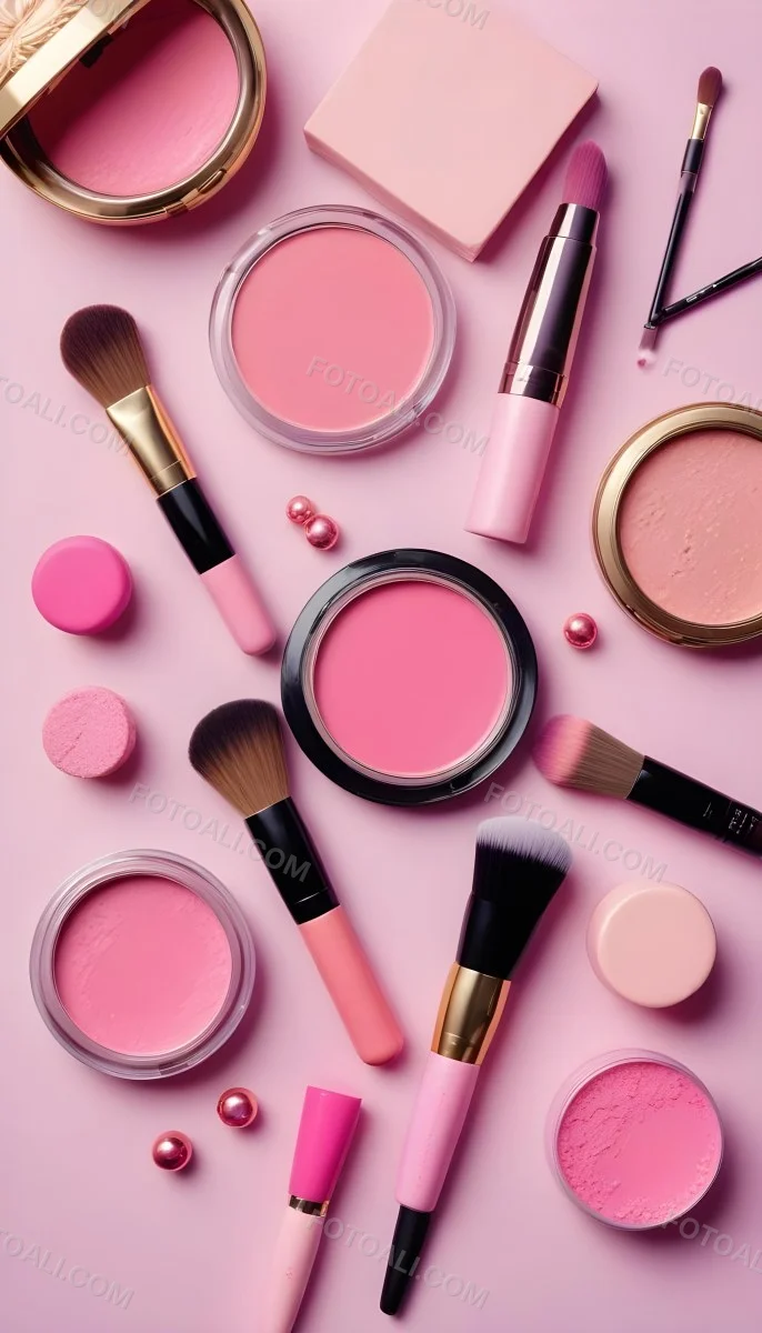 Various Makeup Products In Shades Of Pink Arranged On A Pink Background Including Blush Lip Gloss And Loose Powder Along With Makeup Brushes And Decorative Pink Beads Along With Various Makeup Products In Shades Of P 13 581e