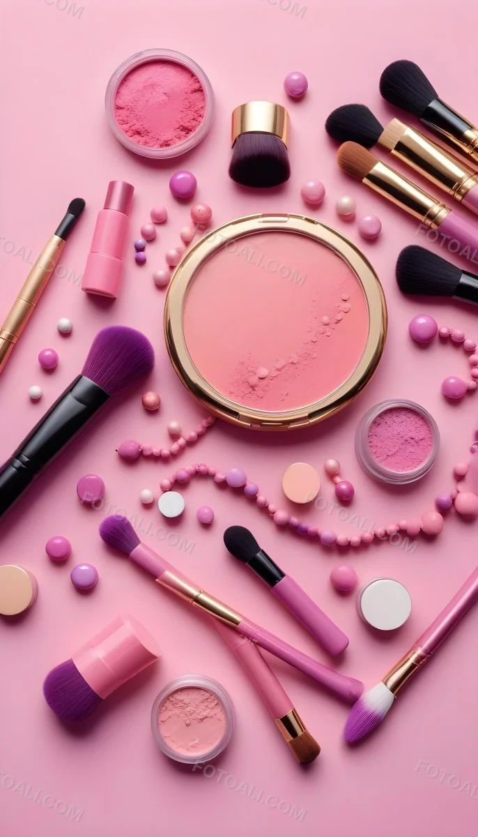 Various Makeup Products In Shades Of Pink Arranged On A Pink Background Including Blush Lip Gloss And Loose Powder Along With Makeup Brushes And Decorative Pink Beads Along With Various Makeup Products In Shades Of P 14 5ebc