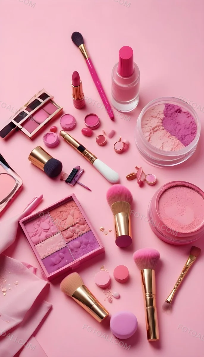Various Makeup Products In Shades Of Pink Arranged On A Pink Background Including Blush Lip Gloss And Loose Powder Along With Makeup Brushes And Decorative Pink Beads Along With Various Makeup Products In Shades Of P 15 9511