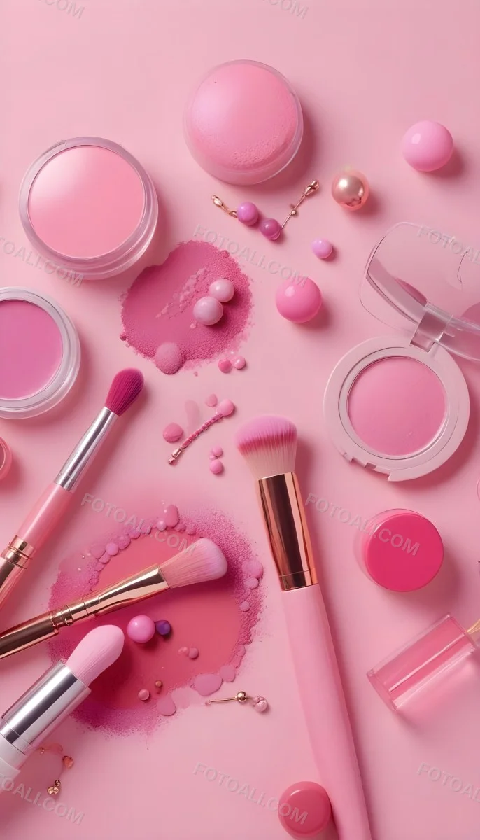 Various Makeup Products In Shades Of Pink Arranged On A Pink Background Including Blush Lip Gloss And Loose Powder Along With Makeup Brushes And Decorative Pink Beads Along With Various Makeup Products In Shades Of P 16 6728