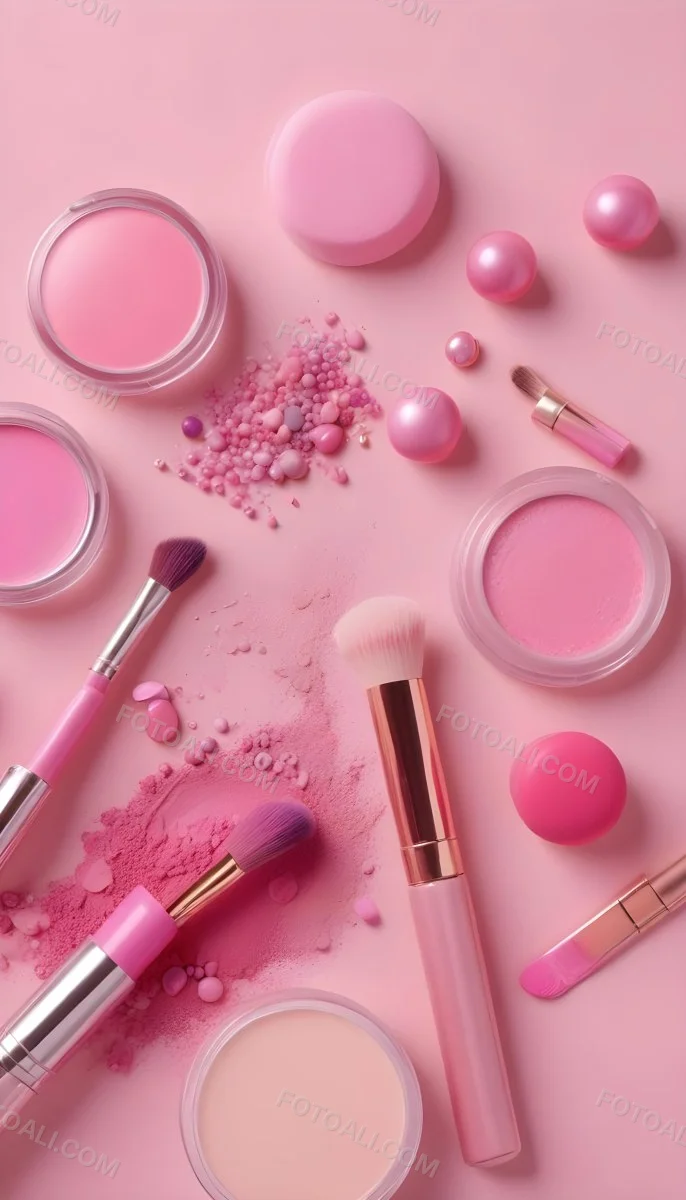 Various Makeup Products In Shades Of Pink Arranged On A Pink Background Including Blush Lip Gloss And Loose Powder Along With Makeup Brushes And Decorative Pink Beads Along With Various Makeup Products In Shades Of P 18 11fb