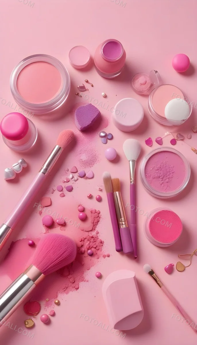 Various Makeup Products In Shades Of Pink Arranged On A Pink Background Including Blush Lip Gloss And Loose Powder Along With Makeup Brushes And Decorative Pink Beads Along With Various Makeup Products In Shades Of P 19 A8ca