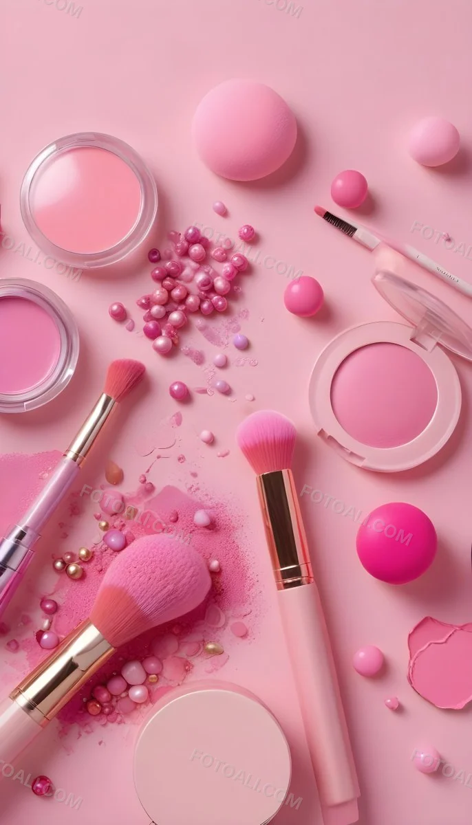 Various Makeup Products In Shades Of Pink Arranged On A Pink Background Including Blush Lip Gloss And Loose Powder Along With Makeup Brushes And Decorative Pink Beads Along With Various Makeup Products In Shades Of P 20 F1d0