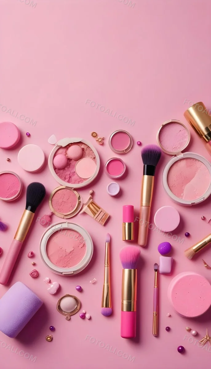 Various Makeup Products In Shades Of Pink Arranged On A Pink Background Including Blush Lip Gloss And Loose Powder Along With Makeup Brushes And Decorative Pink Beads Along With Various Makeup Products In Shades Of P 3 531e