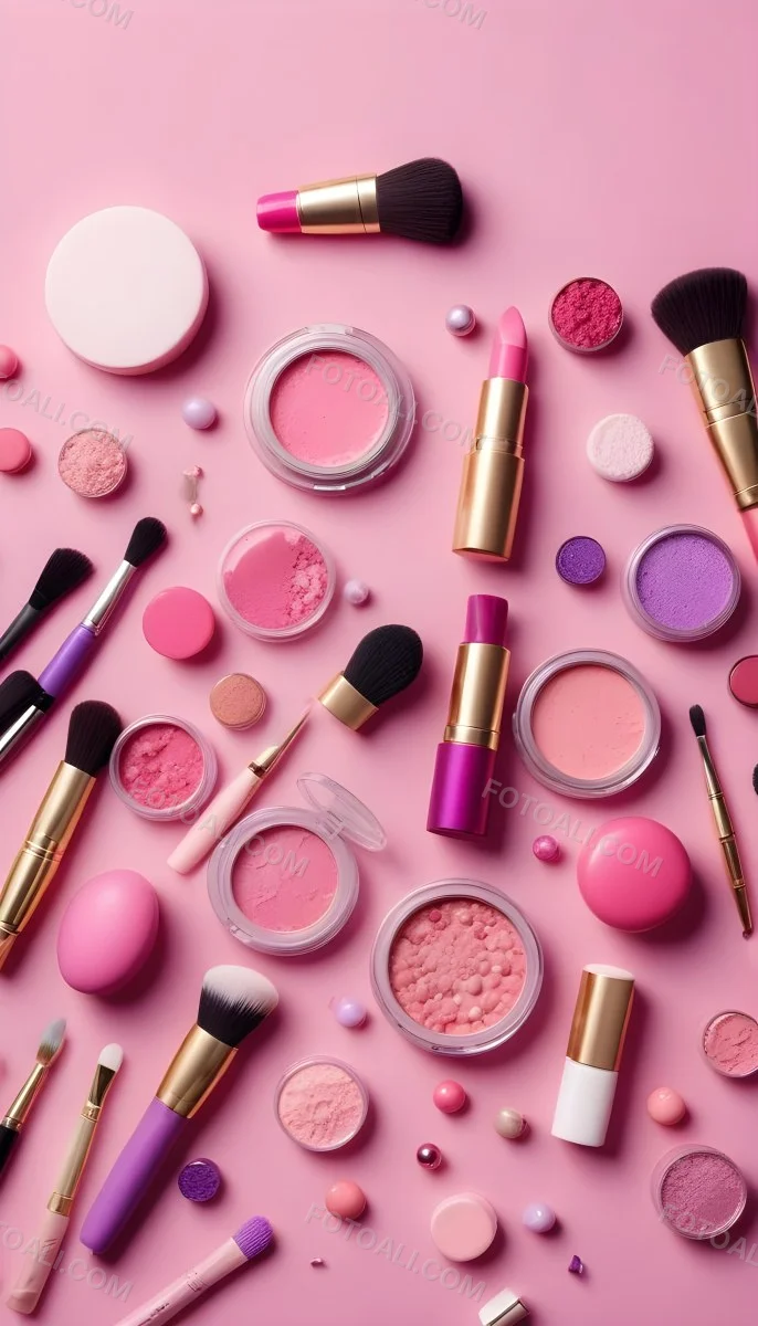 Various Makeup Products In Shades Of Pink Arranged On A Pink Background Including Blush Lip Gloss And Loose Powder Along With Makeup Brushes And Decorative Pink Beads Along With Various Makeup Products In Shades Of P 8 C6dd