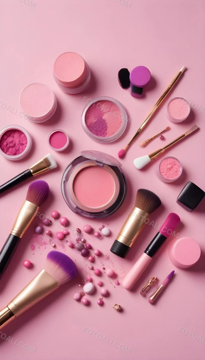 Various Makeup Products In Shades Of Pink Arranged On A Pink Background Including Blush Lip Gloss And Loose Powder Along With Makeup Brushes And Decorative Pink Beads Along With Various Makeup Products In Shades Of P 9 378e