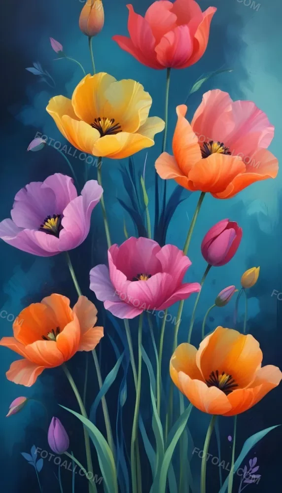 Vibrant And Colorful Flowers Including Pink Purple And Orange Poppies Or Similar Blooms Against A Dark Blue Background 10 0511