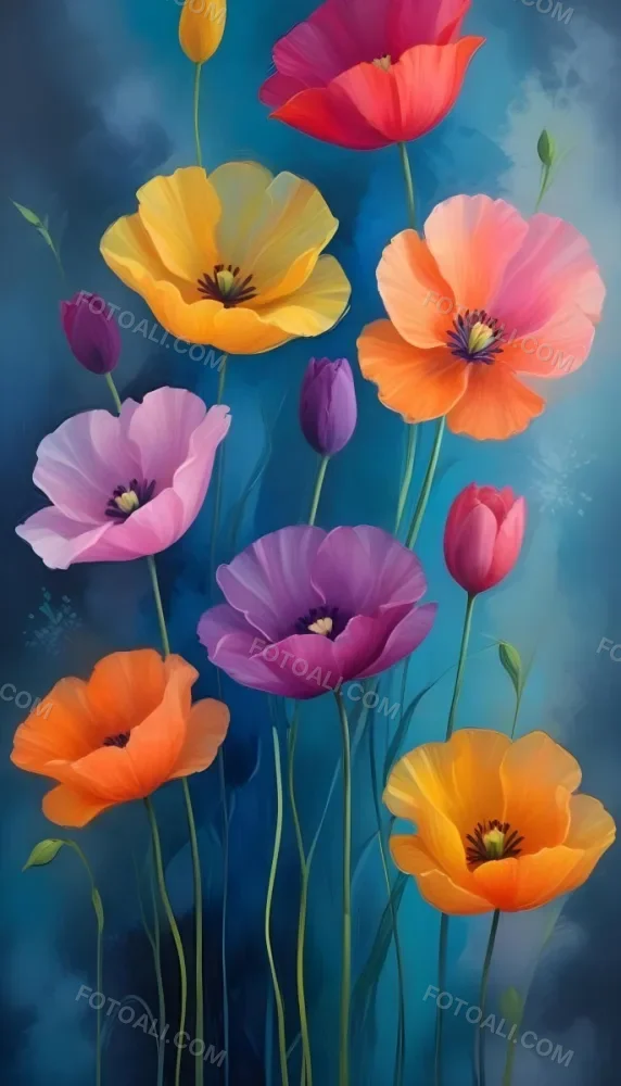 Vibrant And Colorful Flowers Including Pink Purple And Orange Poppies Or Similar Blooms Against A Dark Blue Background 14 C972