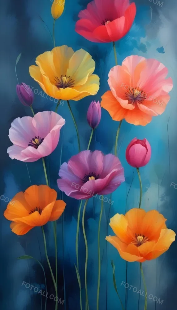 Vibrant And Colorful Flowers Including Pink Purple And Orange Poppies Or Similar Blooms Against A Dark Blue Background 27 2cc1