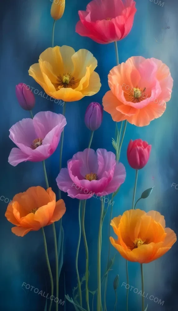 Vibrant And Colorful Flowers Including Pink Purple And Orange Poppies Or Similar Blooms Against A Dark Blue Background 44 9970