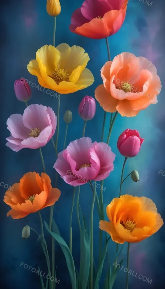 Vibrant And Colorful Flowers Including Pink Purple And Orange Poppies Or Similar Blooms Against A Dark Blue Background 46 09cd