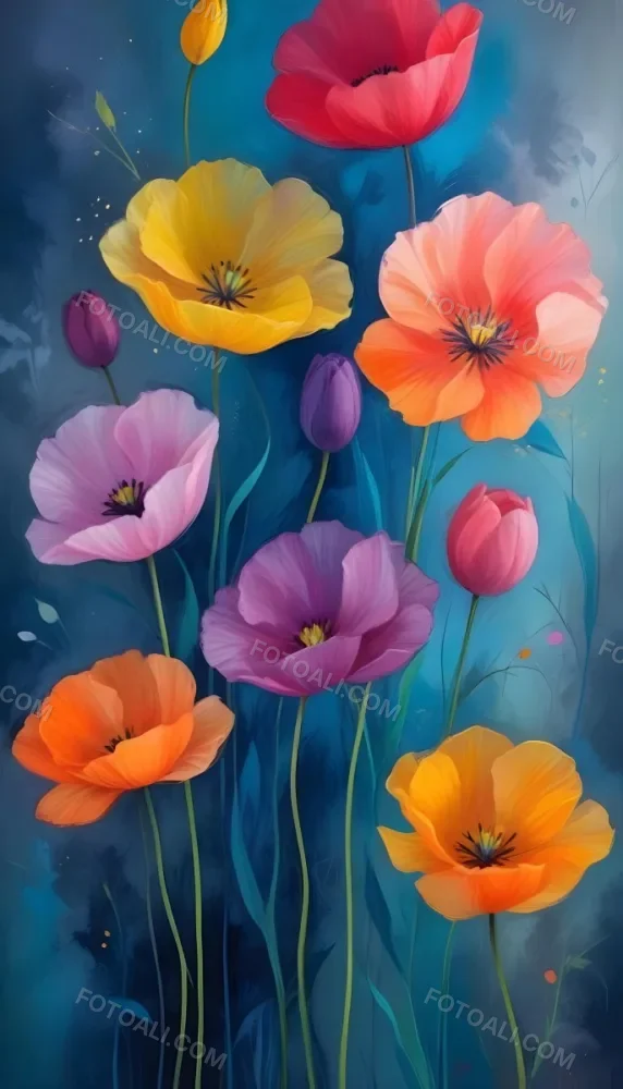 Vibrant And Colorful Flowers Including Pink Purple And Orange Poppies Or Similar Blooms Against A Dark Blue Background 5 121f