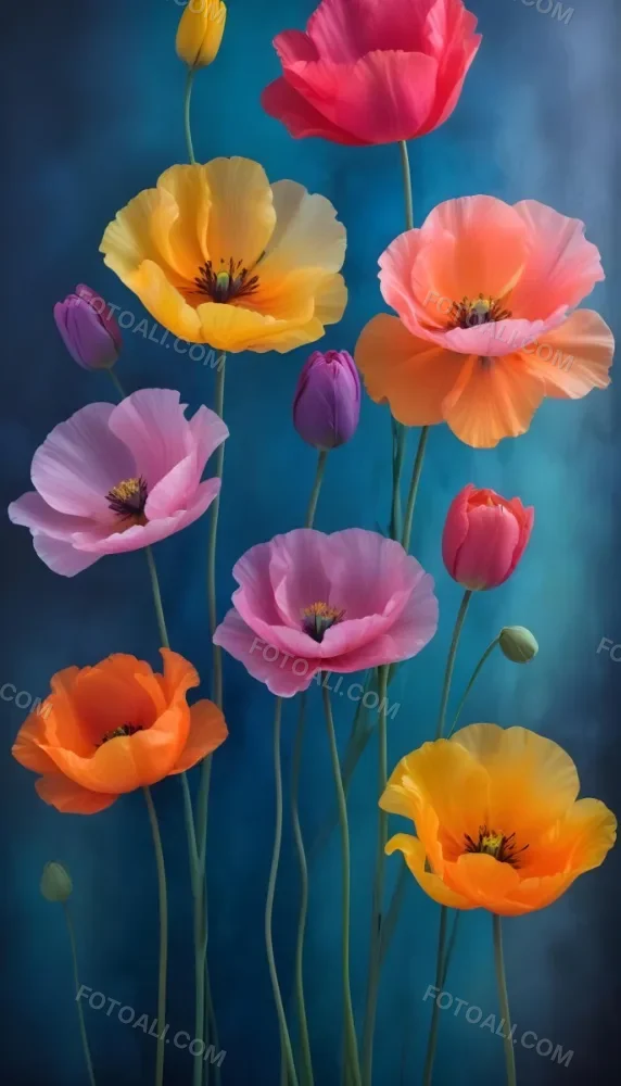 Vibrant And Colorful Flowers Including Pink Purple And Orange Poppies Or Similar Blooms Against A Dark Blue Background 50 Fde8