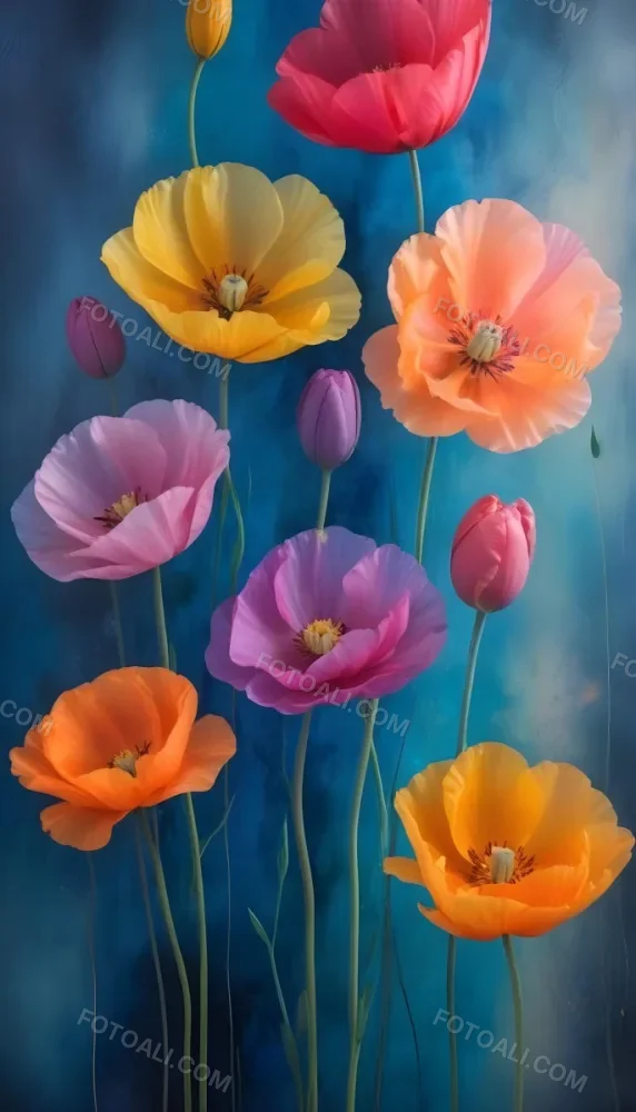 Vibrant And Colorful Flowers Including Pink Purple And Orange Poppies Or Similar Blooms Against A Dark Blue Background 53 69a9