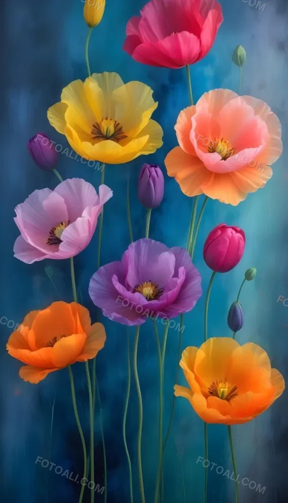 Vibrant And Colorful Flowers Including Pink Purple And Orange Poppies Or Similar Blooms Against A Dark Blue Background 54 01c7