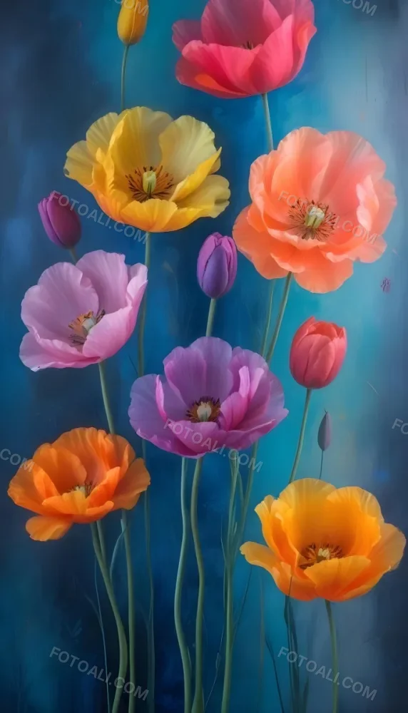 Vibrant And Colorful Flowers Including Pink Purple And Orange Poppies Or Similar Blooms Against A Dark Blue Background 55 C9cc
