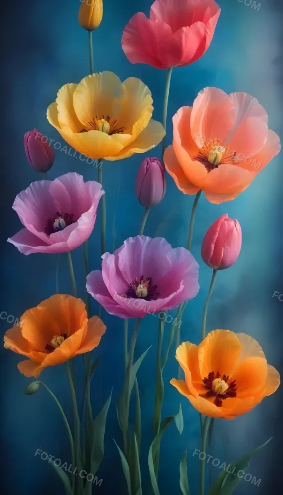 Vibrant And Colorful Flowers Including Pink Purple And Orange Poppies Or Similar Blooms Against A Dark Blue Background 59 C802